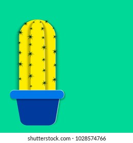 Yellow cactus in a blue pot. Vector illustration. Minimal art, space for text.
