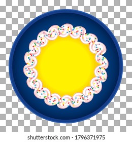 Yellow cake with cream and multicolored powder, on blue plate, top view. Vector illustration.