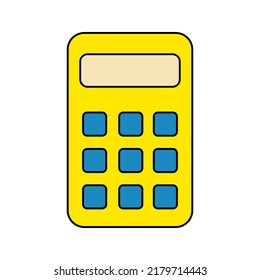 Yellow Calculator with Blue Buttons Isolated Element on White Background