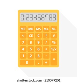 yellow calculator in flat design with long shadow and set of digital numbers - symbol of count, calculation, account and math