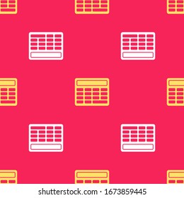 Yellow Calculator icon isolated seamless pattern on red background. Accounting symbol. Business calculations mathematics education and finance.  Vector Illustration