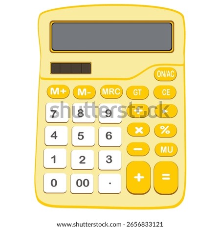 Yellow calculator with white keys and orange math functions.