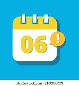 Yellow Calendar icon isolated on blue background. 3D perspective. Vector illustration, Day 06 agenda icon.