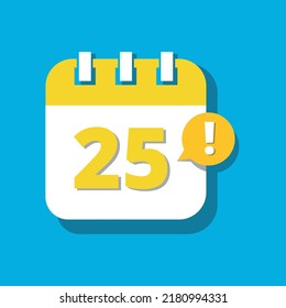 Icono de Calendario Amarillo aislado en fondo azul. Perspectiva 3D. Ilustración vectorial, icono de agenda Día 25.