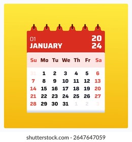 Quadrado amarelo do calendário. Calendário de janeiro de 2024. Fim de semana de 2024, domingo e sábado. Modelo de design ideal para postagem, apresentação e anúncios. Ilustração vetorial