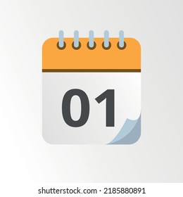 Yellow calendar vector icon with bent tip, specific day schedule flat icon marking day 01.