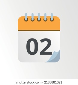 Yellow calendar vector icon with bent tip, specific day schedule flat icon marking day 02.