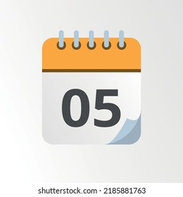 Yellow calendar vector icon with bent tip, specific day schedule flat icon marking day 05.