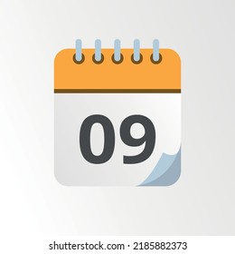 Yellow calendar vector icon with bent tip, specific day schedule flat icon marking day 09.