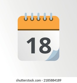 Yellow calendar vector icon with bent tip, specific day schedule flat icon marking day 18.
