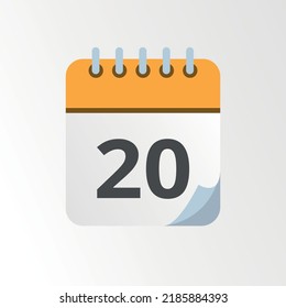 Icono vectorial de calendario amarillo con punta doblada, programa de día específico icono plano marcando día 20.