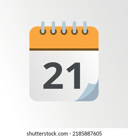 Yellow calendar vector icon with bent tip, specific day schedule flat icon marking day 21.