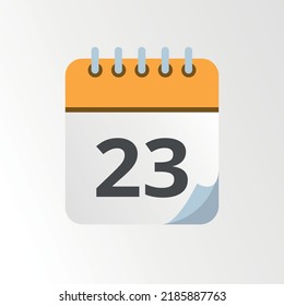 Yellow calendar vector icon with bent tip, specific day schedule flat icon marking day 23.