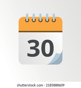 Yellow calendar vector icon with bent tip, specific day schedule flat icon marking day 30.