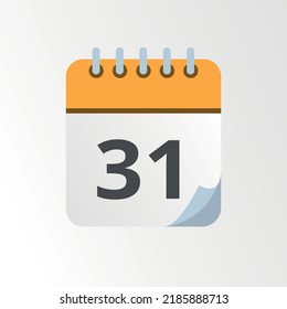 Yellow calendar vector icon with bent tip, specific day schedule flat icon marking day 31.