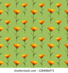 Yellow Calendulas winter flower on green background seamless half drop repeat type  vector pattern 