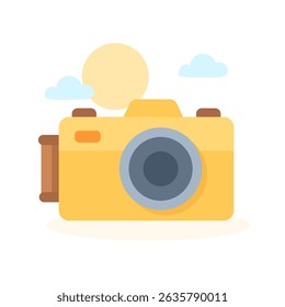 Yellow camera with large lens and retro design isolated on white background, camera ideal for photography content, camera symbolizing creativity and memories, perfect for travel visuals.