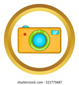 Yellow camera vector icon in golden circle, cartoon style isolated on white background