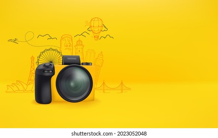 Yellow Camera With World Sights. Travel Banner With Copy Space