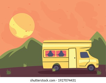 yellow camper trailer in front of mountain design of caravan trip camp adventure transportation and travel theme Vector illustration