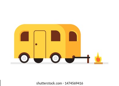 Yellow camper trailer isolated on white background. Vector illustration.