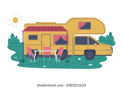 Yellow camper van on holiday camping with tent, table and chairs. Auto two-storied house bus in forest. Transportable caravan dwelling for road travel journey, summer RV leisure vector illustration