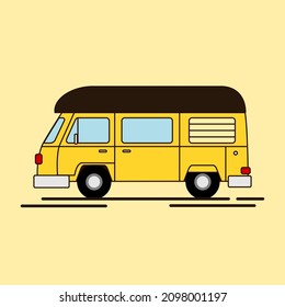 Yellow camper van vector illustration on light yellow background.