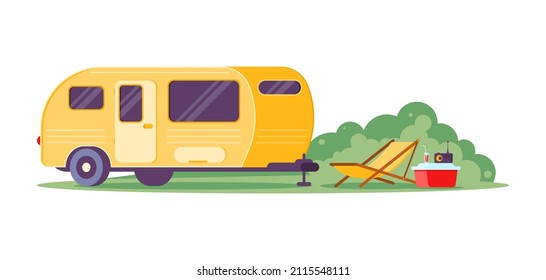 Yellow camping caravan trailer on halt with hammock chair and refreshing beverage cocktail isometric vector illustration. Road trip adventure family summer travel vacation chaise longue relaxation