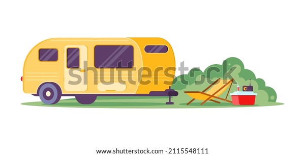Yellow camping caravan trailer on halt with\
hammock chair and refreshing beverage cocktail isometric vector\
illustration. Road trip adventure family summer travel vacation\
chaise longue\
relaxation