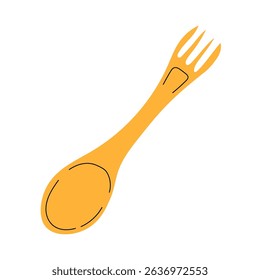 Yellow camping spork combining spoon and fork in one utensil, ideal for outdoor cooking, hiking, and backpacking meals. Minimalist and lightweight gear. Vector Stock Illustration.