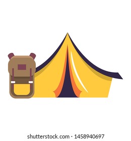 yellow camping tent and backpack isolated symbols Vector design illustration