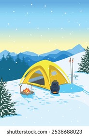 Yellow camping tent and fire on snowy meadow in mountains. Beautiful winter landscape. Image of rest and travel. Vector illustration.