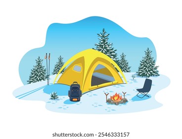 Tienda de campaña amarilla y fuego en el prado nevado en el bosque. Hermoso paisaje de invierno. Ocio activo de invierno y Imagen de viaje. Ilustración vectorial.