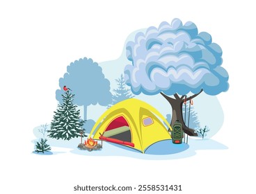 Yellow camping tent and fire on snowy meadow in forest. Beautiful winter landscape. Active winter recreation and travel image. Vector illustration.