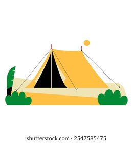 Yellow Camping Tent In Flat Vector Illustration Symbolizing Outdoor Recreation And Shelter, Isolated On White Background.