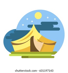 Yellow camping tent under night sky vector flat illustration
