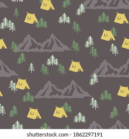 Yellow Camping Tents in the Mountain Vector Illustration Seamless Pattern can be used for Background and Apparel Design