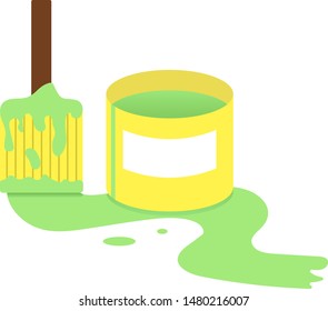 Yellow can of light green paint and a brush drawing a wavy line, vector graphics, vector illustration