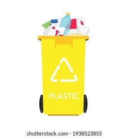 Yellow can with sorted plastic garbage vector icon. Recycling garbage separation and recycled isolated on white background. Recycling concept - bin full of plastic waste