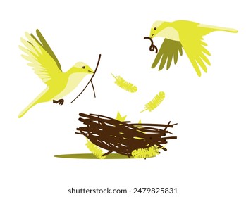 Pájaros canarios amarillos revoloteando sobre un nido con pollitos. Nido de pájaros con pollitos. El tema es la conservación de la naturaleza. Ilustración vectorial