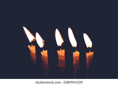 Yellow candle light burn against black background. candle flame shining bright in grup black dark night background