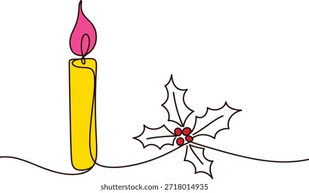 Yellow candle with pink flame and red holly berries on white background fire.