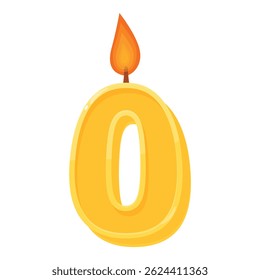 Yellow candle in the shape of the number zero with a burning flame, representing a birthday or anniversary celebration