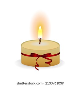 Yellow candle tied with a red ribbon with a bow in a realistic style. Candle with flame.