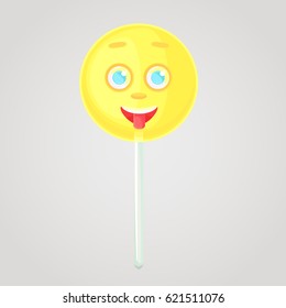 Yellow candy is an emotional icon  voluminous and face  stick  Round caramel  Shows the language  Sweet food  Cartoon style  Object isolated gradient background 
