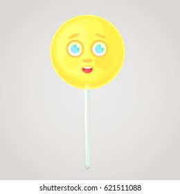 Yellow candy is an emotional icon  voluminous and face  stick  Round caramel  Shy candy  Sweet food  Cartoon style  Object isolated gradient background 
