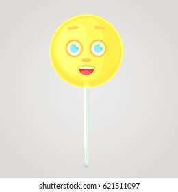 Yellow candy is an emotional icon  voluminous and face  stick  Round caramel  Happy candy  Sweet food  Cartoon style  Object isolated gradient background 
