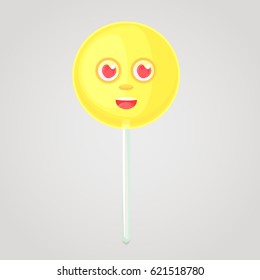 Yellow candy is an emotional icon  voluminous and face  stick  Round caramel  In love  Sweet food  Cartoon style  Object isolated gradient background 
