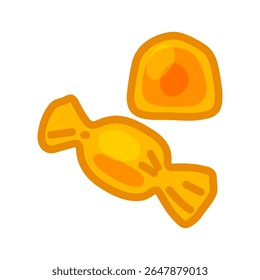 Yellow Candy Sweet Illustration. Two yellow orange candies, one wrapped and one unwrapped, on white background. Flat style, bright colors.