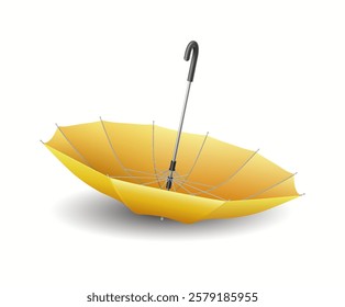 Yellow cane umbrella lying upside down realistic vector illustration. Protection from stormy weather accessory 3d object on white background